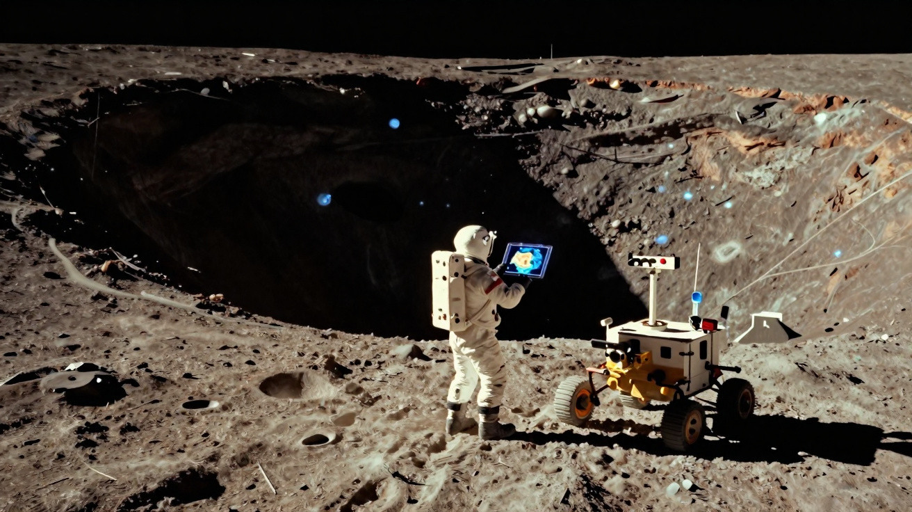 Astronauta na superfície lunar com um rover e um grande buraco lunar ao fundo.
