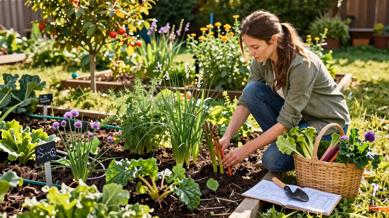 Mulher a cuidar de legumes numa horta com cesta de colheita e plantas ao redor.