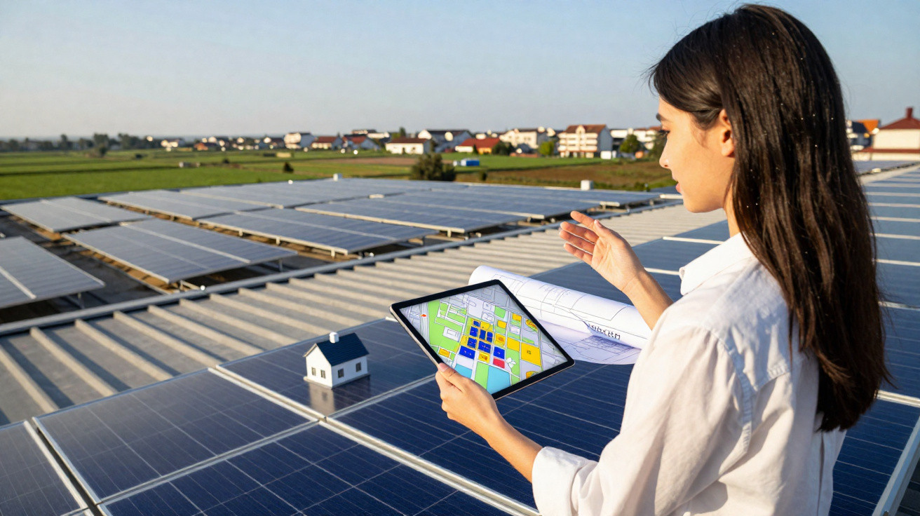 Mulher com prancha e tablet consulta projeto num telhado com painéis solares em área rural.