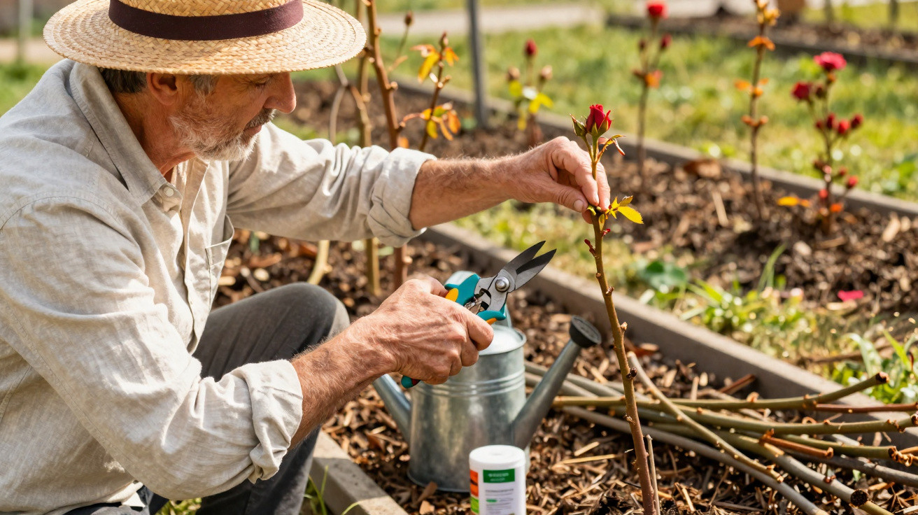 Homem idoso a podar uma planta num jardim com chapéu de palha e tesoura de jardinagem.