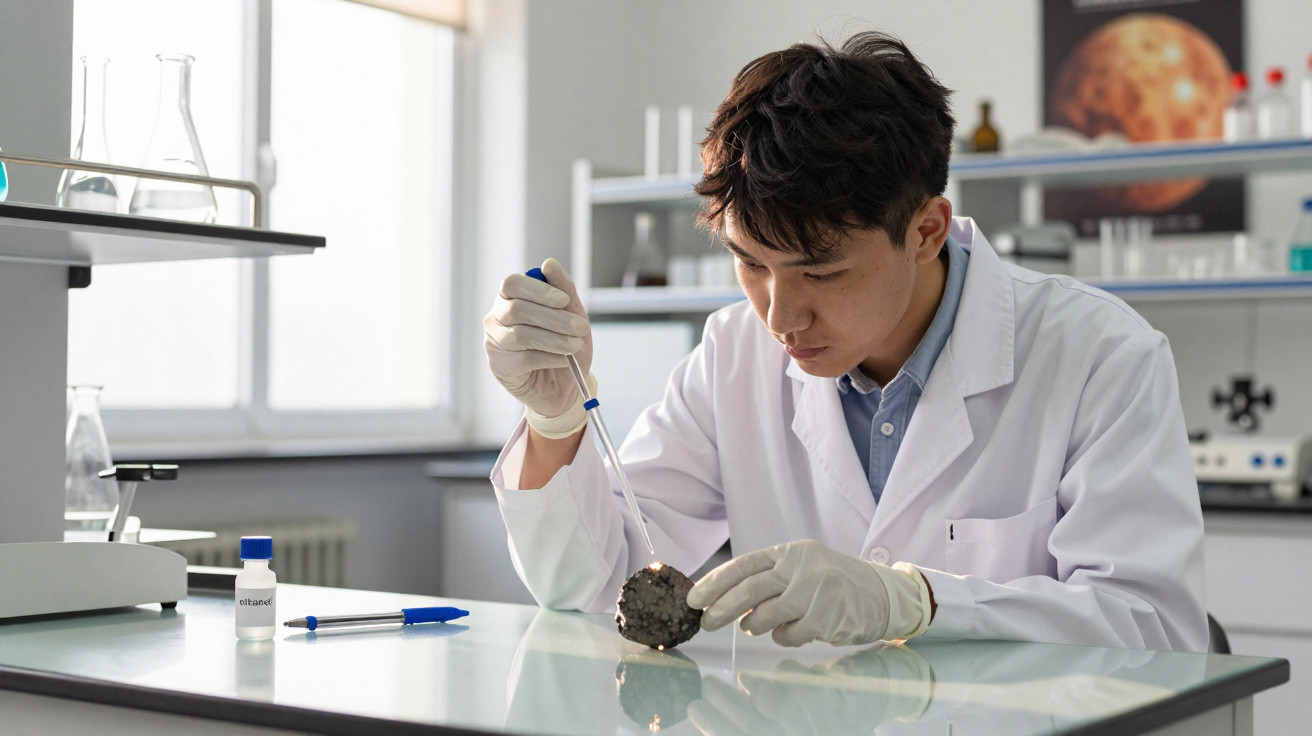 Cientista jovem com bata branca e luvas a analisar amostra com pipeta num laboratório moderno.