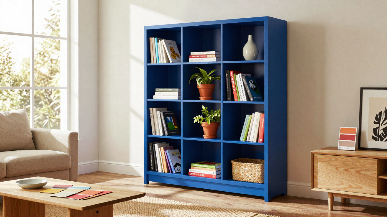 Estante azul com livros, plantas e uma cesta numa sala iluminada com sofá e móvel de madeira.