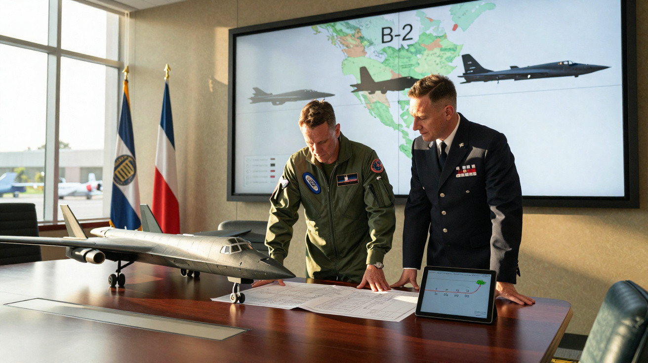 Dois militares analisam documentos sobre uma mesa com modelo de avião e mapa de B-2 ao fundo.