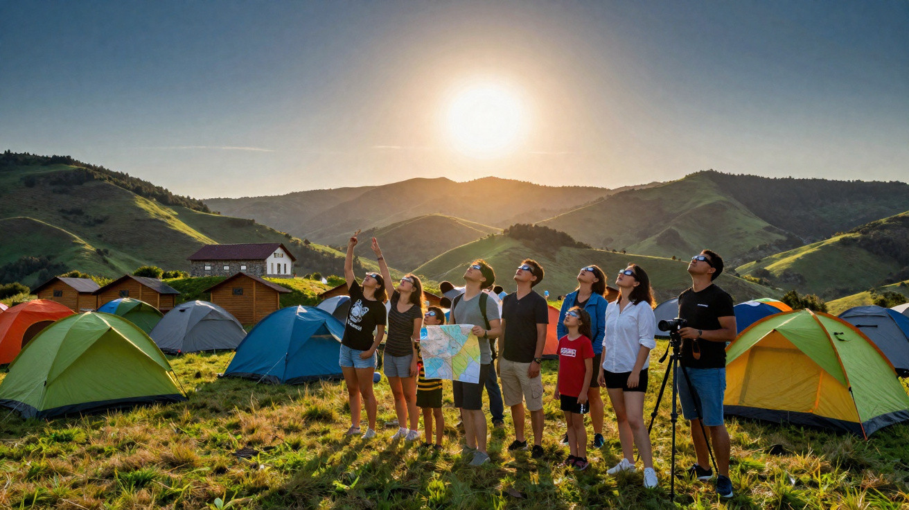 Grupo de pessoas a observar o céu com óculos junto a tendas numa área montanhosa ao pôr do sol.