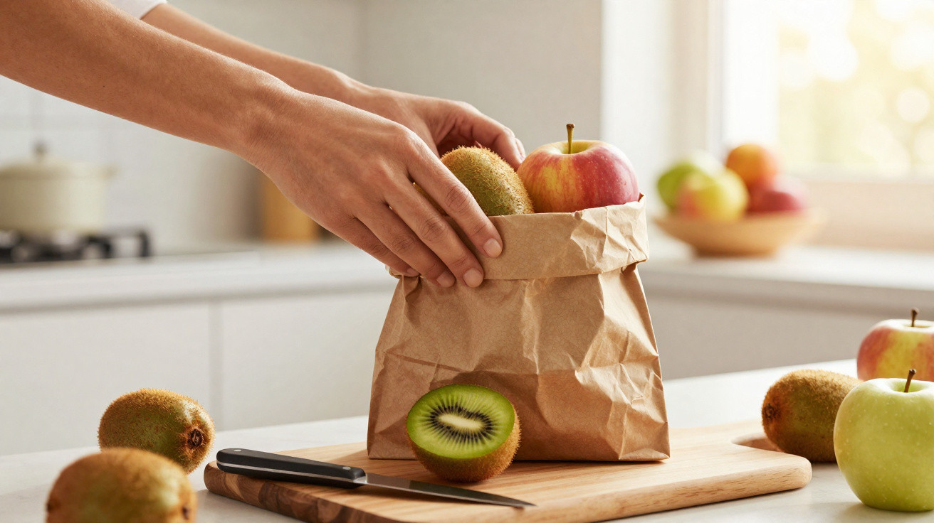Mãos a colocar kiwi e maçã numa bolsa de papel numa cozinha moderna com várias frutas dispersas.