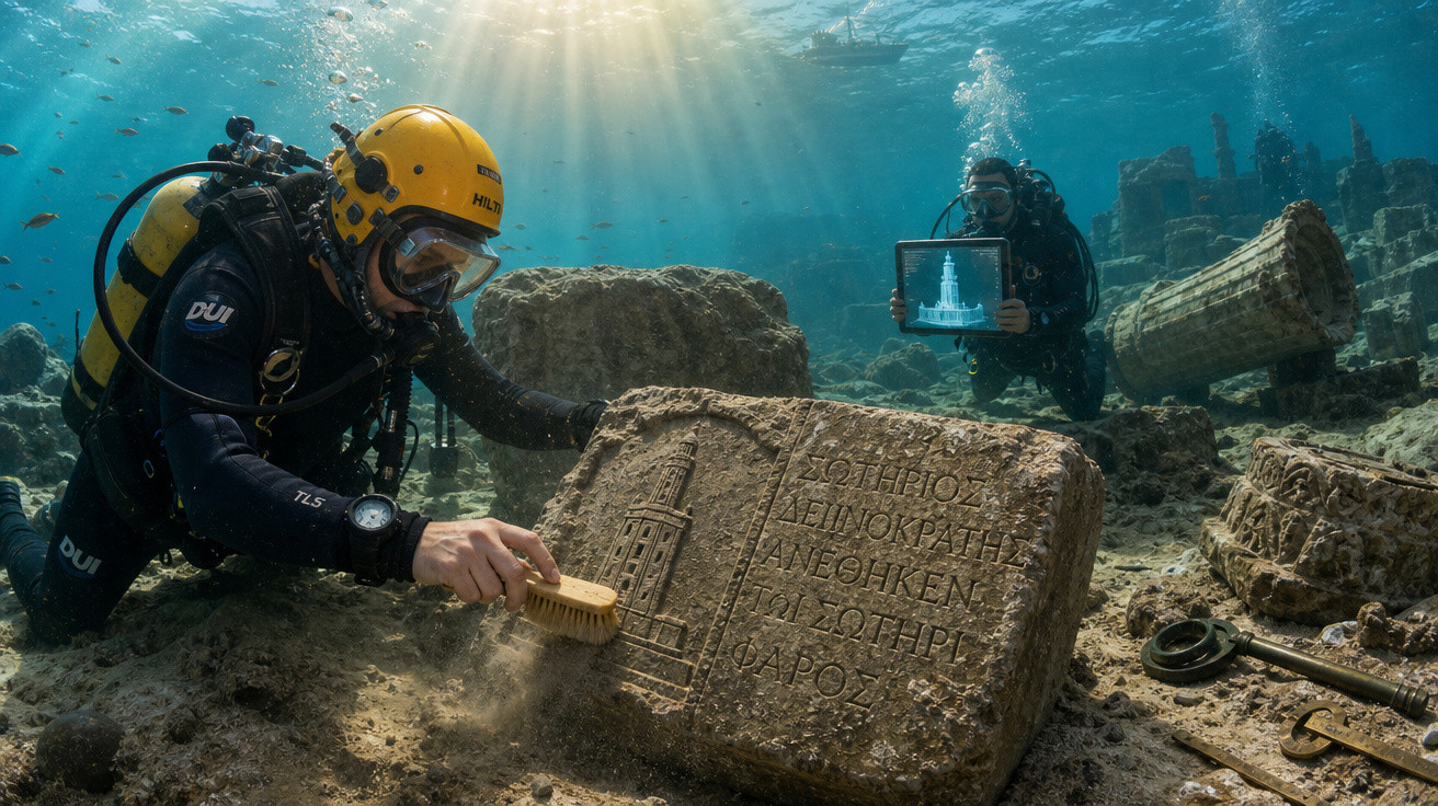Mergulhadores a explorar e limpar ruínas subaquáticas com inscrições antigas e colunas no fundo do mar.