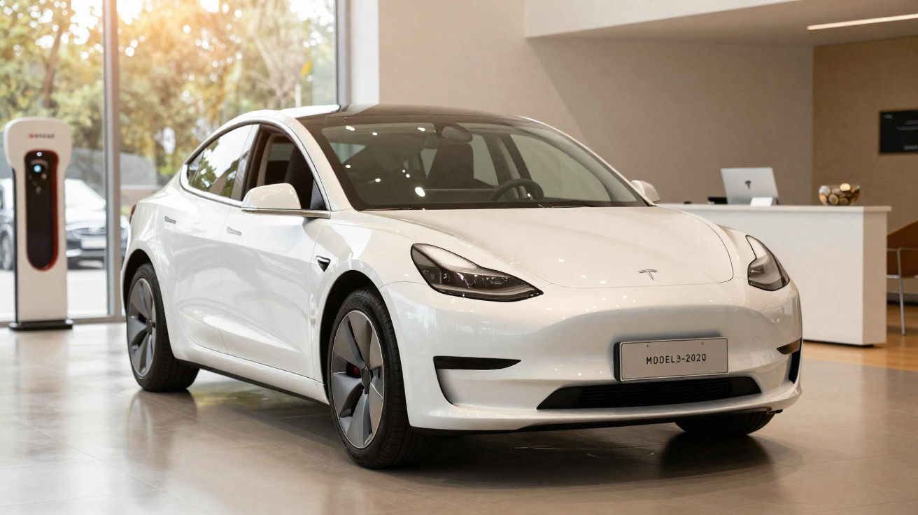 Automóvel elétrico Tesla Model 3 Branco estacionado dentro de uma loja com posto de carregamento ao fundo.