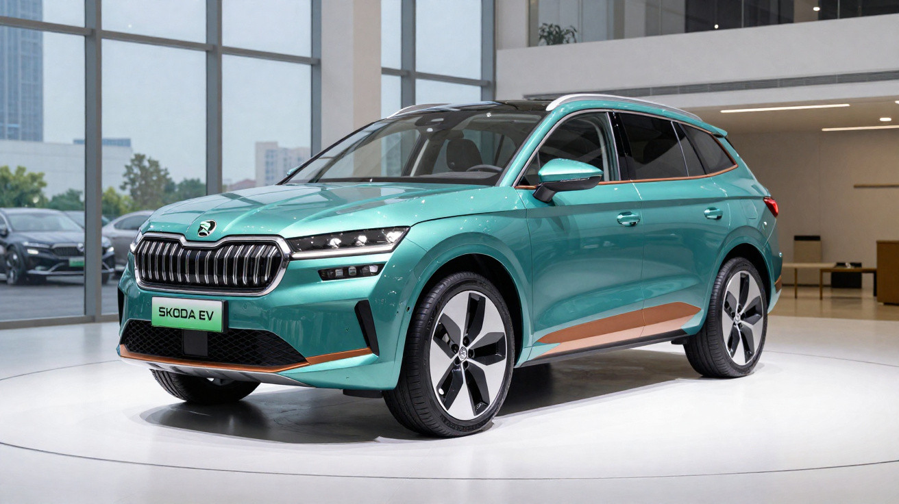 Carro elétrico Škoda EV verde água numa sala de exposição moderna com grandes janelas.