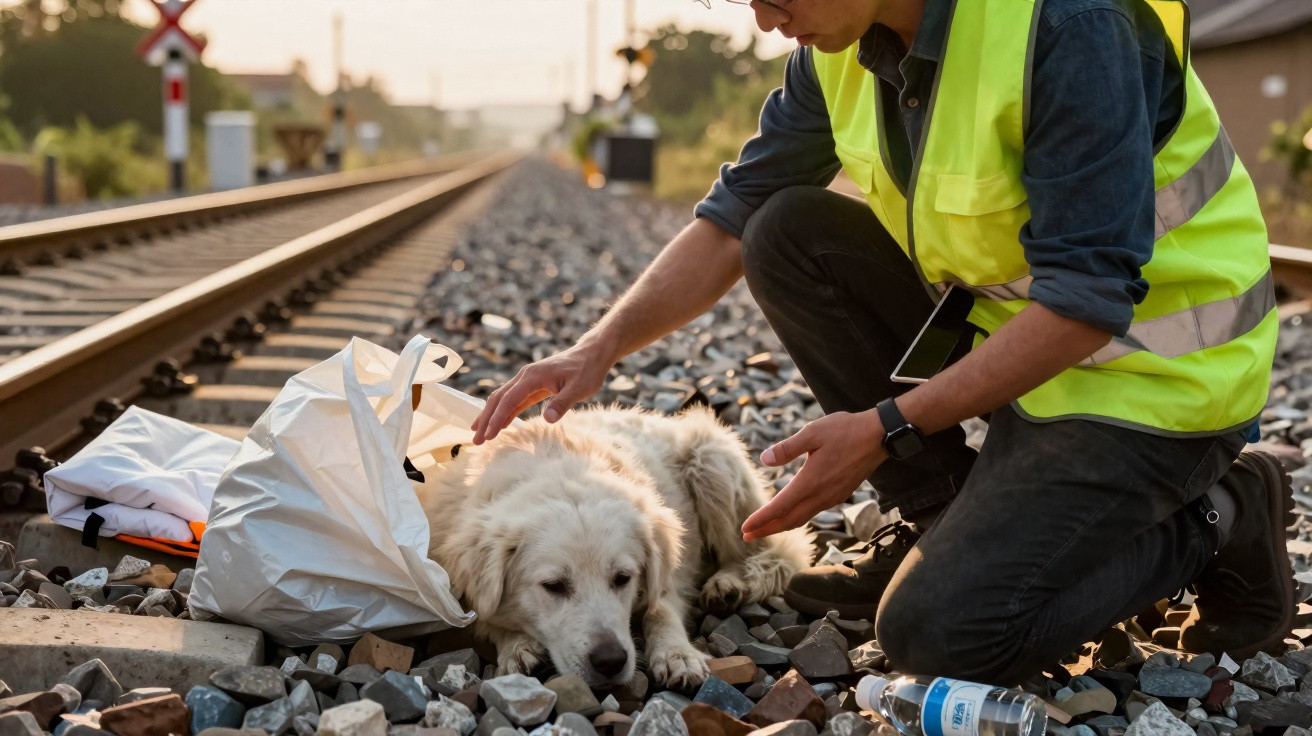 Homem com colete amarelo conforta cão branco deitado perto de linha ferroviária em ambiente pedregoso.