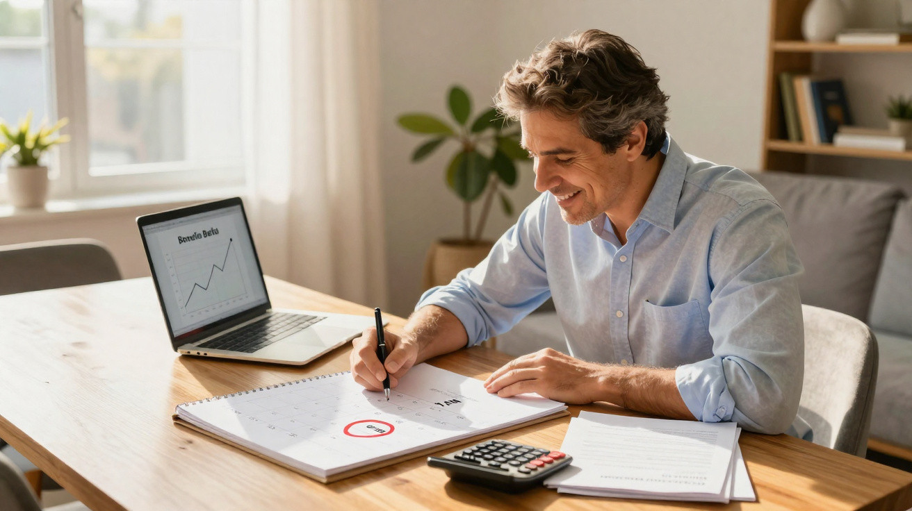 Homem sorridente a trabalhar com calendário, calculadora e portátil com gráfico de rendimentos numa mesa.