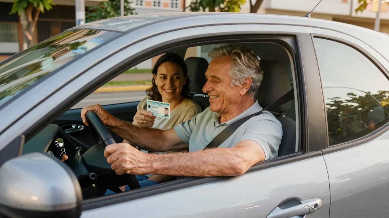 Homem mais velho conduz carro sorrindo enquanto mulher ao lado mostra carta de condução.
