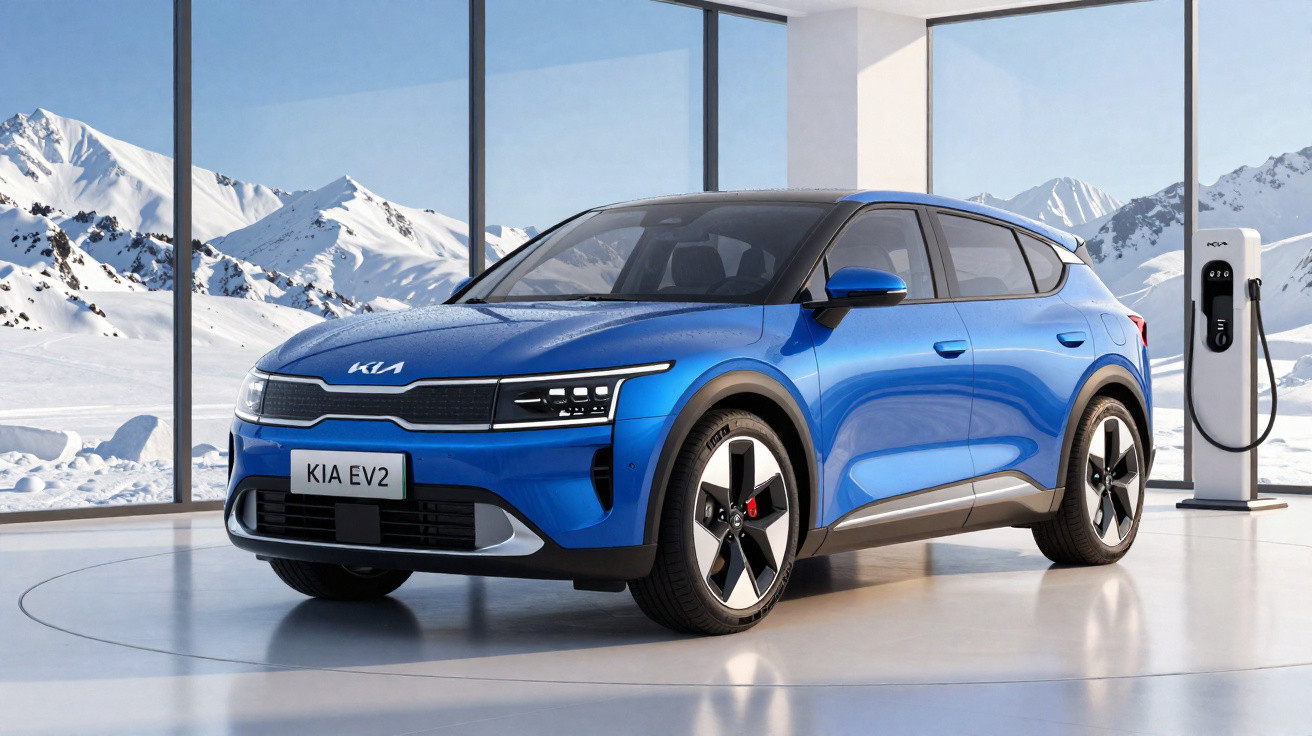 Carro elétrico azul Kia EV2 estacionado dentro com paisagem de montanhas nevadas ao fundo e estação de carregamento.