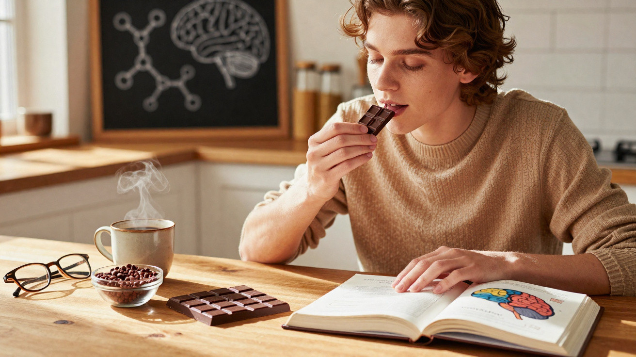 Jovem sentado a estudar o cérebro num livro enquanto come chocolate numa cozinha iluminada.