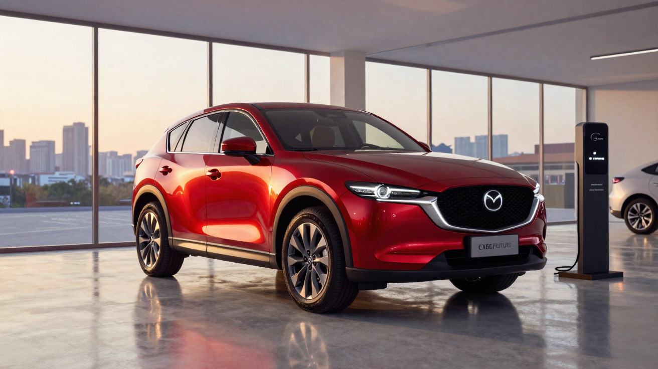 Carro elétrico Mazda CX-60 vermelho carregando numa estação em garagem moderna com janelas amplas.