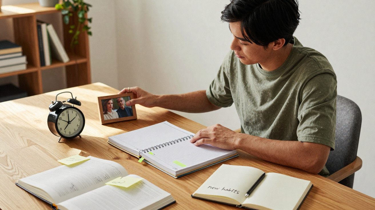 Homem a olhar para uma fotografia numa mesa com livros, caderno e relógio despertador.