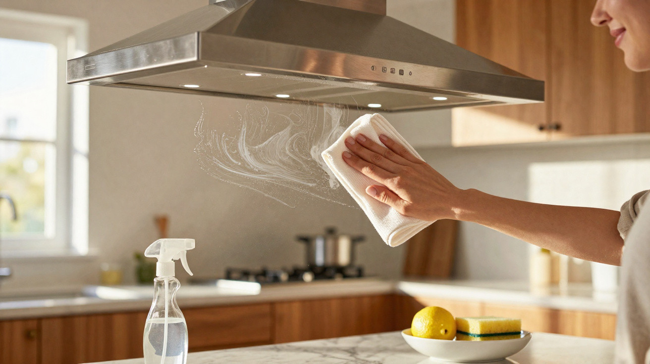 Pessoa a limpar a coifa da cozinha com um pano branco e spray de limpeza ao lado.