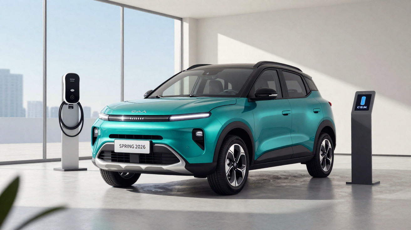 Veículo elétrico SUV verde em showroom moderno com estação de carregamento e painel digital ao lado.