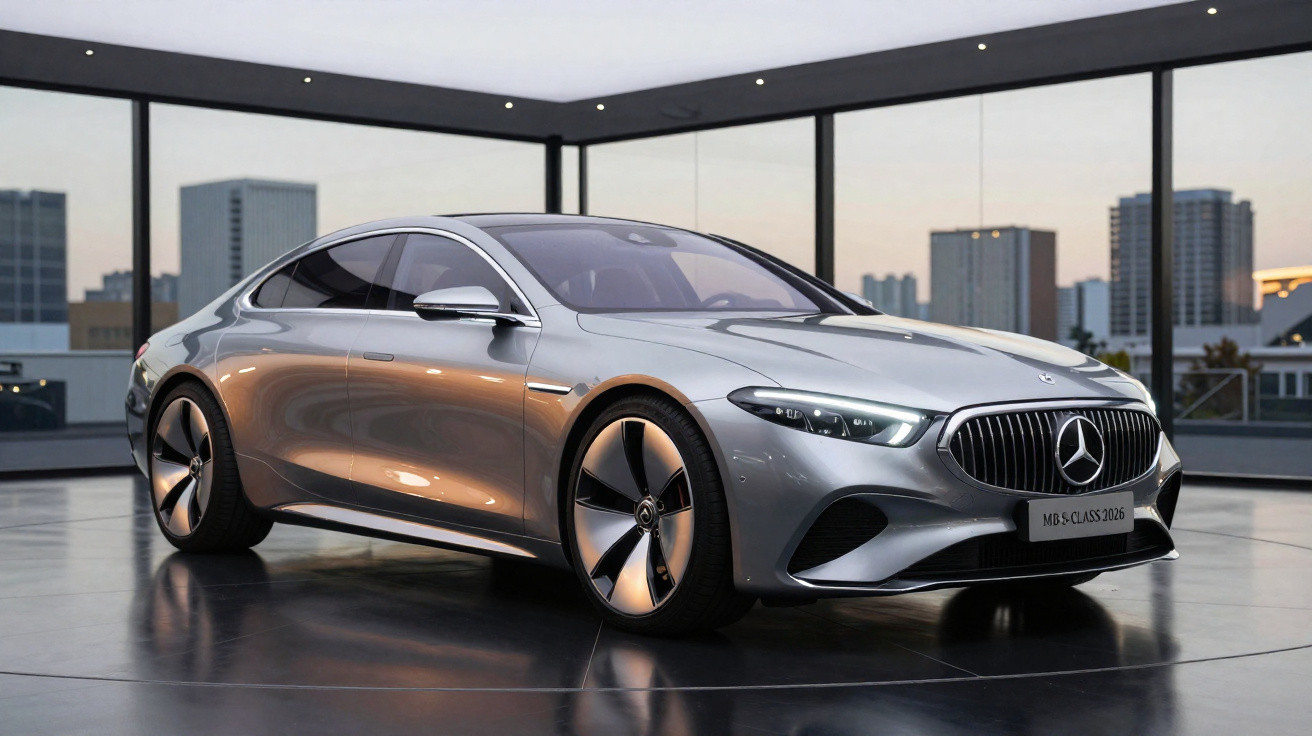 Carro Mercedes-Benz Classe S 2026 prata, futurista e elegante, exposto num showroom com vista urbana ao fundo.