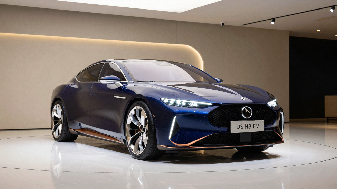 Carro elétrico desportivo DS N8 EV azul escuro apresentado numa sala moderna e iluminada.