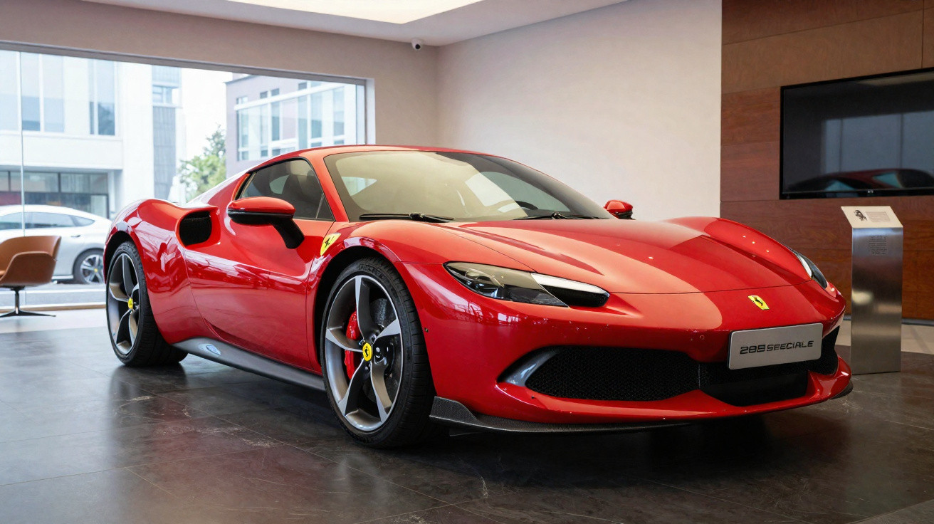 Ferrari 296 GTB vermelha estacionada numa sala moderna com janelas amplas e chão escuro.
