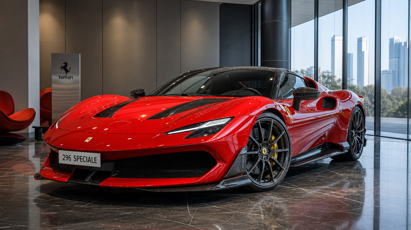 Ferrari 296 Speciale vermelha em exposição numa sala moderna com chão em mármore.