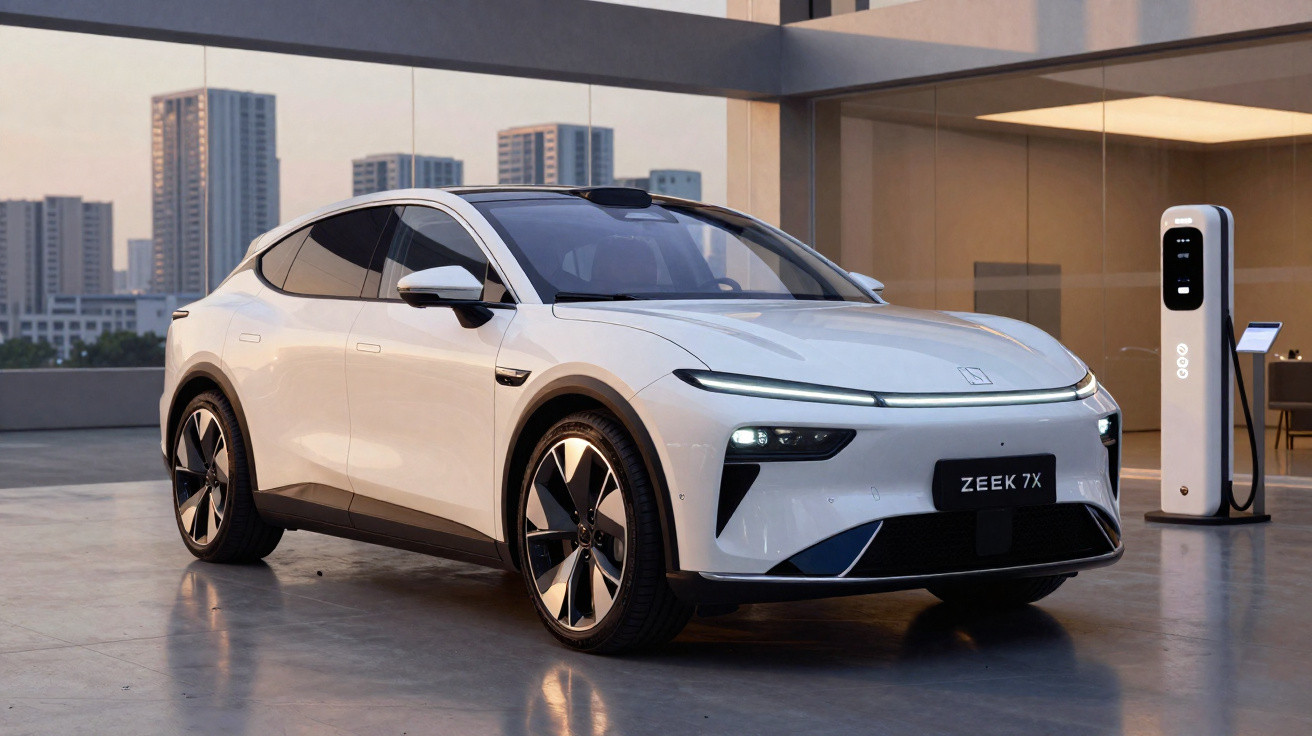 Carro elétrico branco Zeek 7X estacionado, carregando numa estação de carregamento num ambiente urbano moderno.