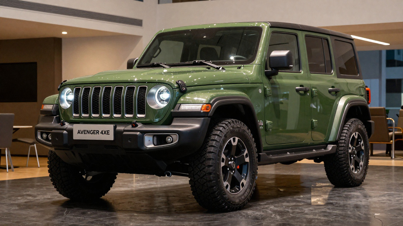 Veículo todo-o-terreno verde Avenger 4XE exposto em ambiente interior moderno.
