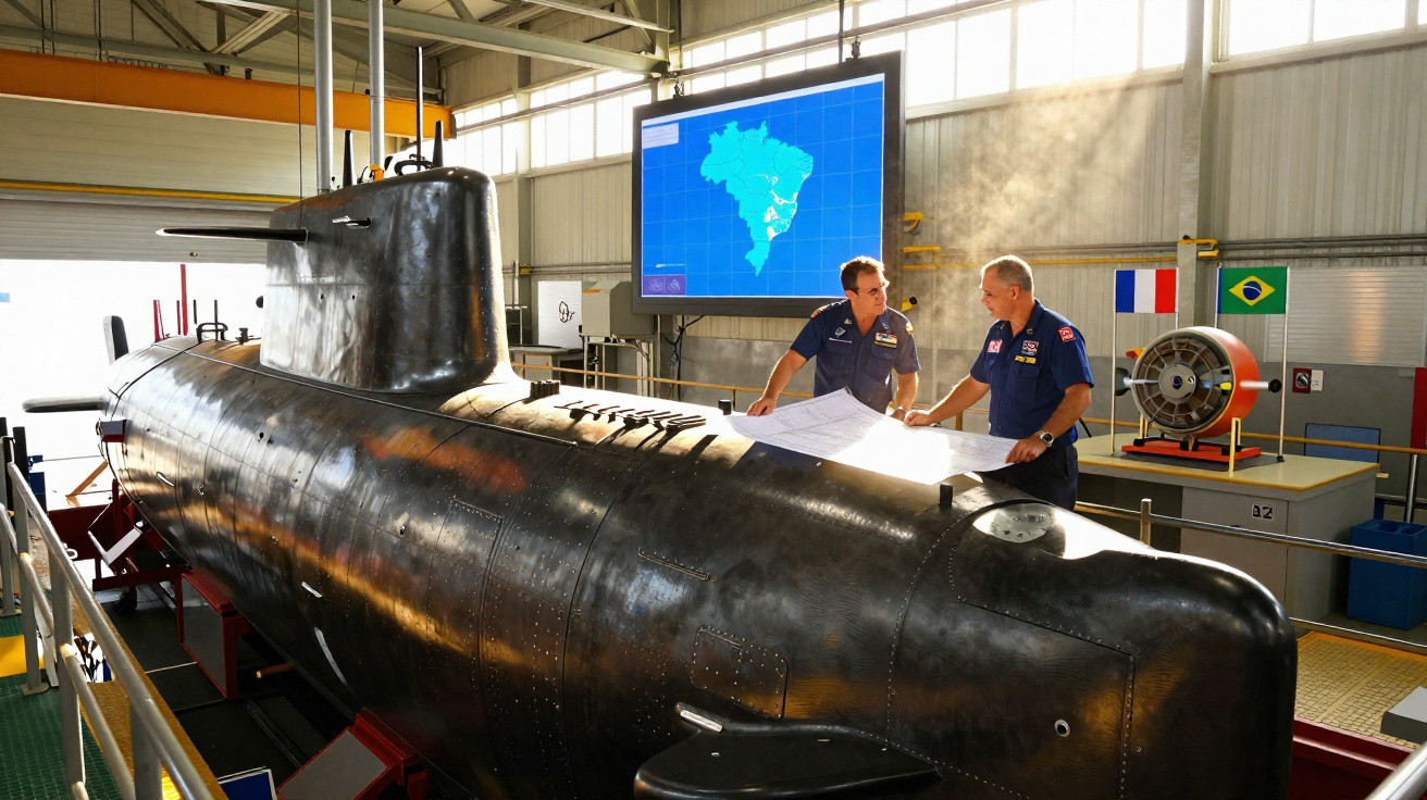 Dois homens em uniforme naval analisam mapas sobre um submarino em expositor com bandeiras e ecrã digital.
