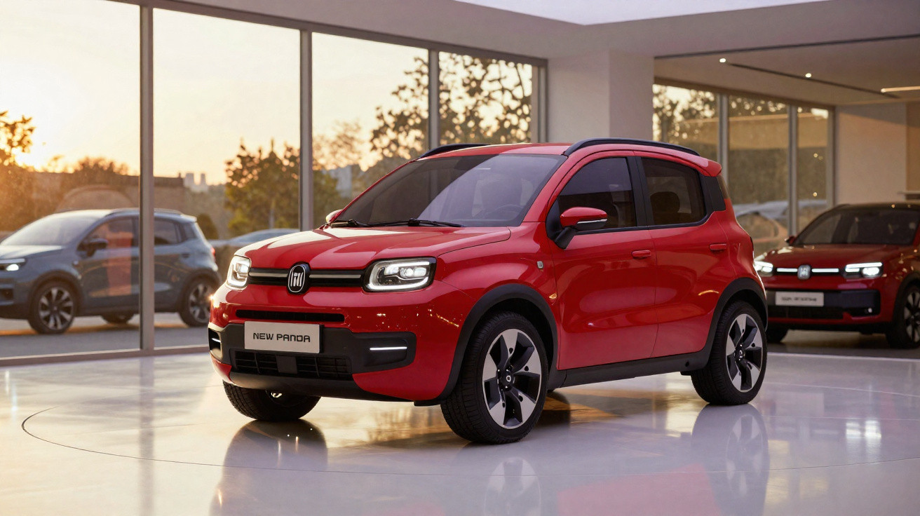Carro Fiat New Panda vermelho em exposição num salão moderno com janelas grandes ao pôr do sol.