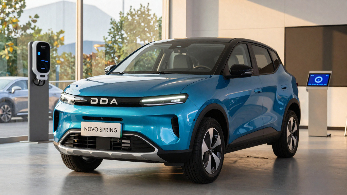 Carro elétrico azul DDA Novo Spring estacionado junto a posto de carregamento num showroom moderno.