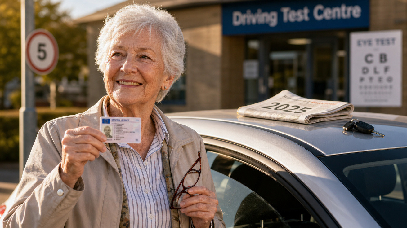 Mulher idosa sorridente mostra carta de condução ao lado de carro, diante de centro de testes de condução.