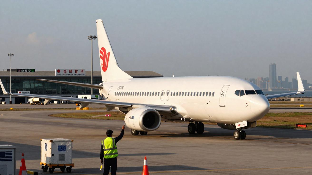 Avião branco da Air China no aeroporto com funcionário a orientar no solo durante o dia.