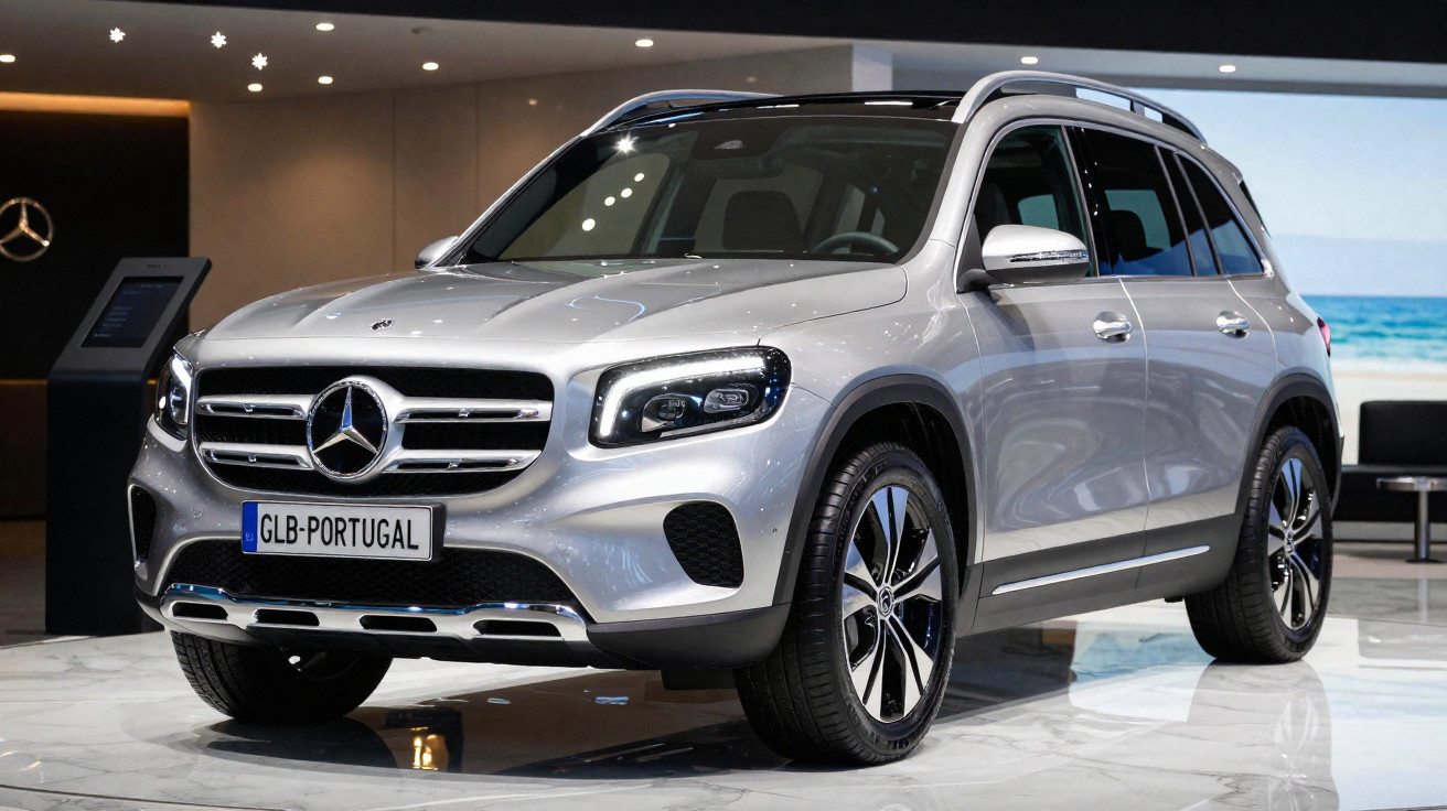 Carro Mercedes-Benz GLB 2023 prateado exibido em showroom moderno com iluminação interna.