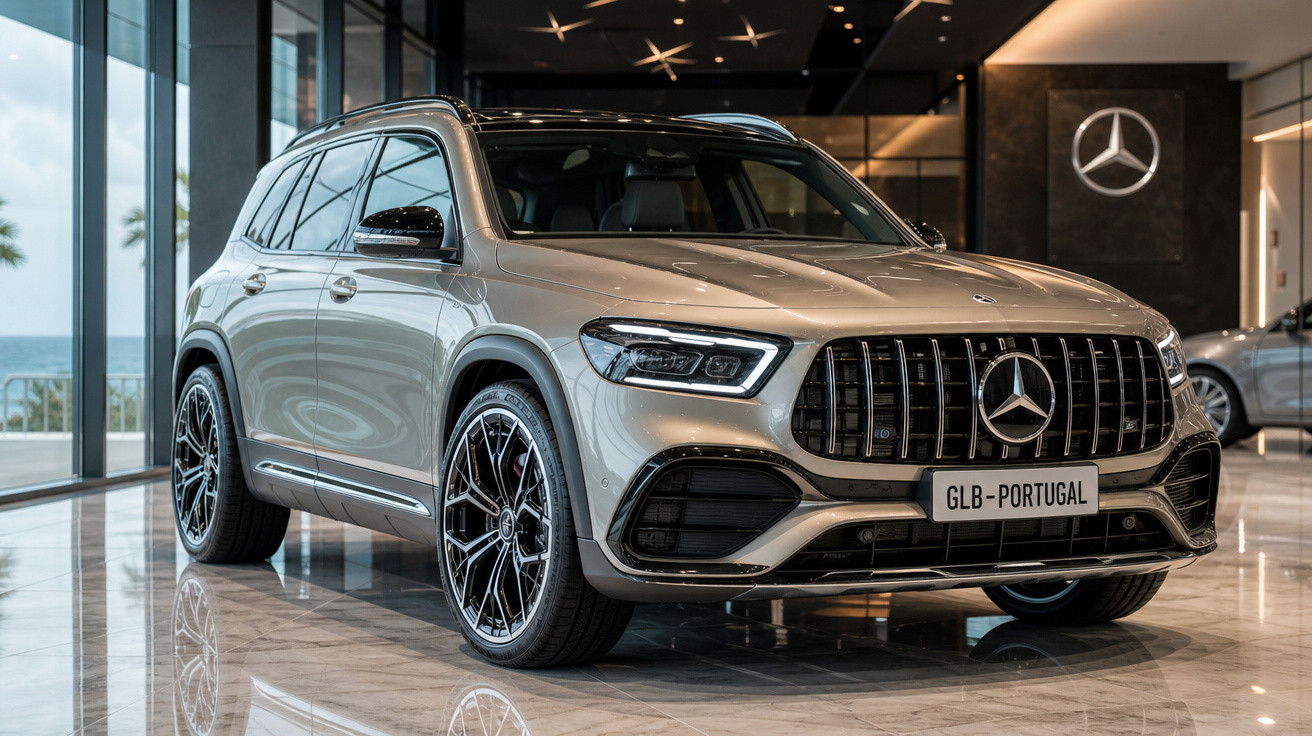 Carro Mercedes-Benz SUV cinza em exposição num showroom com piso de mármore e janelas grandes.