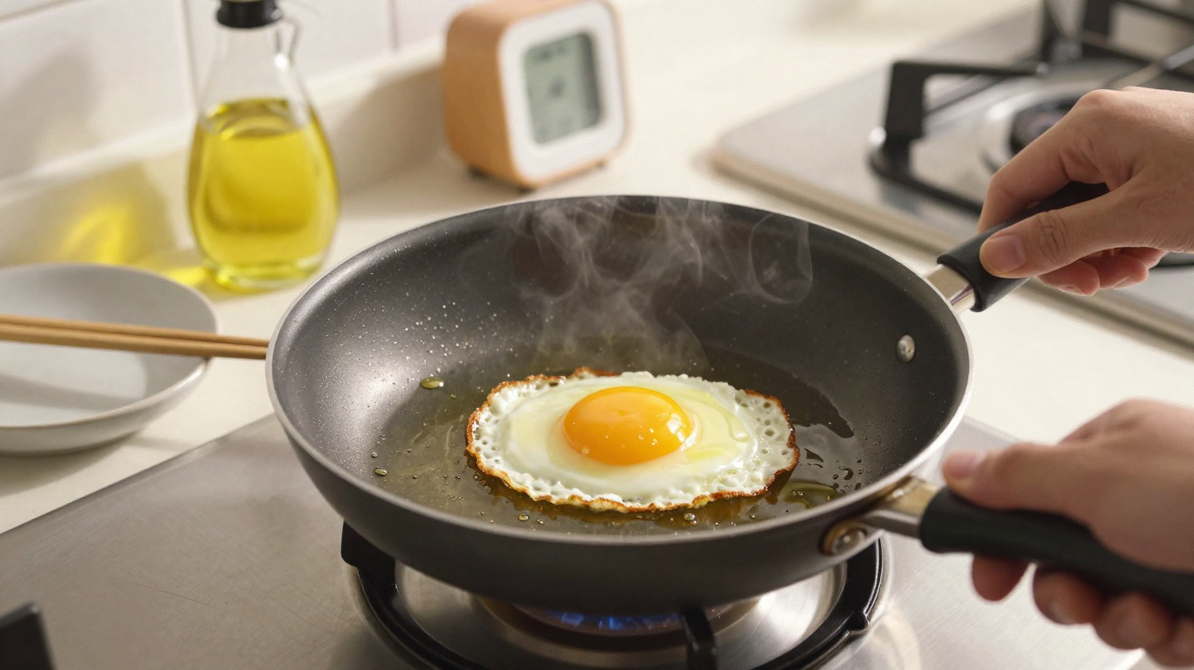 Ovo estrelado a fritar numa frigideira com vapor, segurada por duas mãos na cozinha.