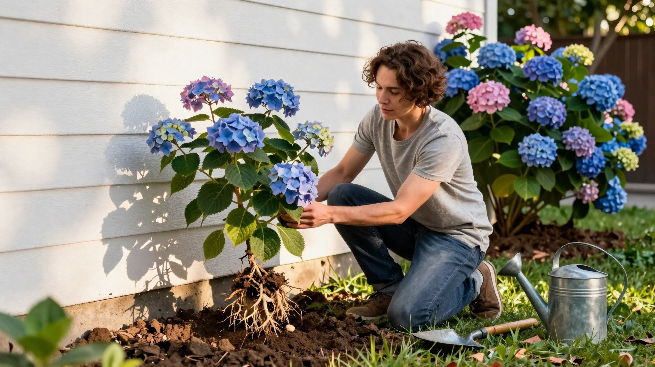Jovem homem a plantar hortênsia azul num jardim junto a uma parede branca, rodeado de ferramentas e regador.