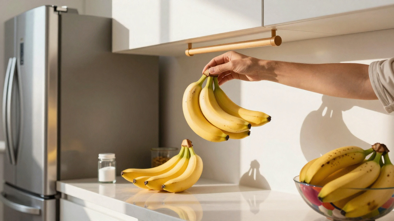Mão a segurar um cacho de bananas numa cozinha moderna com mais bananas sobre a bancada branca.