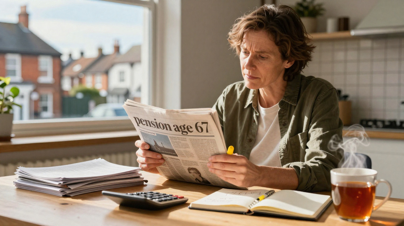 Pessoa a ler jornal sobre reforma aos 67 anos, sentada numa mesa com calculadora, caderno e chá.