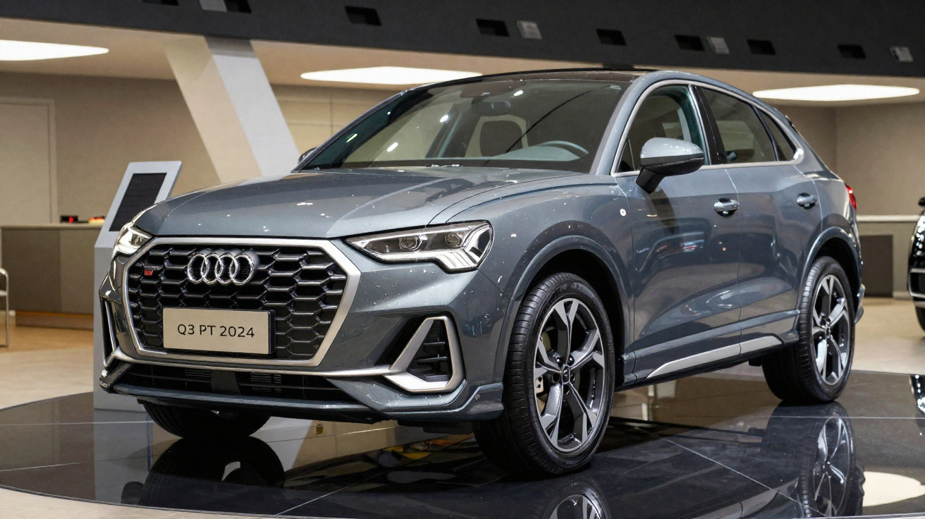 Audi Q3 cinzento exposto em plataforma rotativa numa sala interior.
