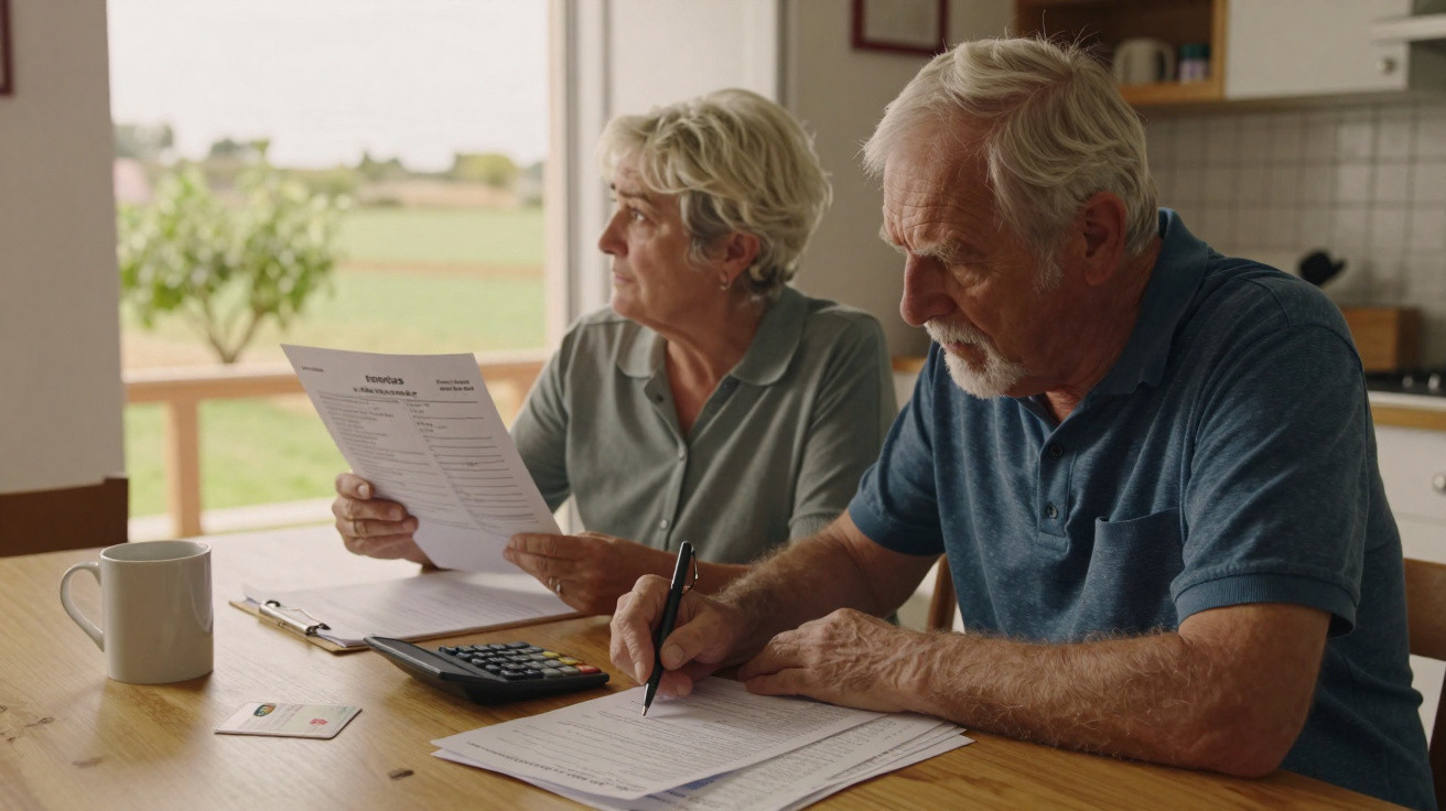 Casal sénior sentado à mesa em casa, a analisar documentos e calculadora, com expressão preocupada.
