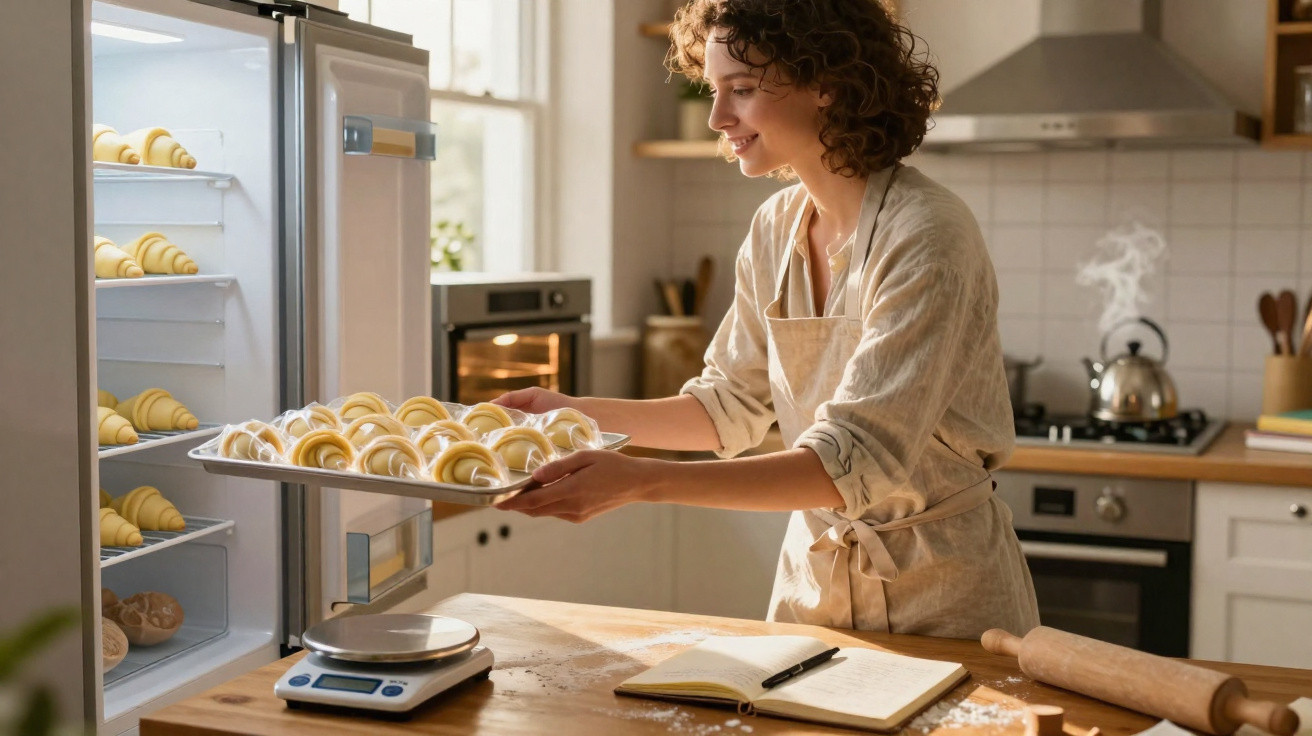 Mulher a colocar tabuleiro com croissants no frigorífico numa cozinha moderna e acolhedora.