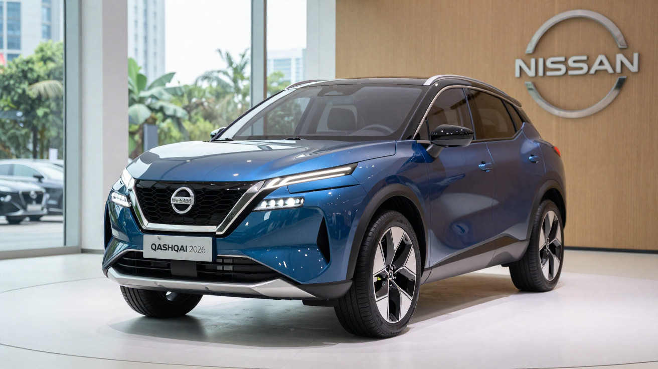 SUV Nissan Qashqai 2026 azul exibido em salão de automóveis moderno com logo da Nissan ao fundo.
