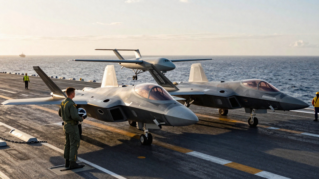 Dois caças stealth estacionados num porta-aviões ao pôr do sol, com um piloto em uniforme ao lado.
