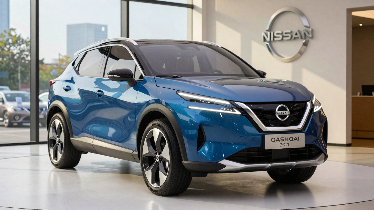 SUV Nissan Qashqai azul 2026 exposto no interior de concessionário moderno com logótipo Nissan na parede.