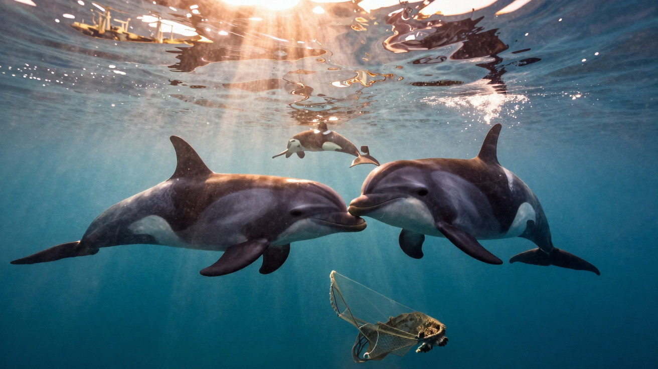 Dois golfinhos de olhos grandes nadam juntos debaixo de água com luz do sol e rede de pesca submersa.