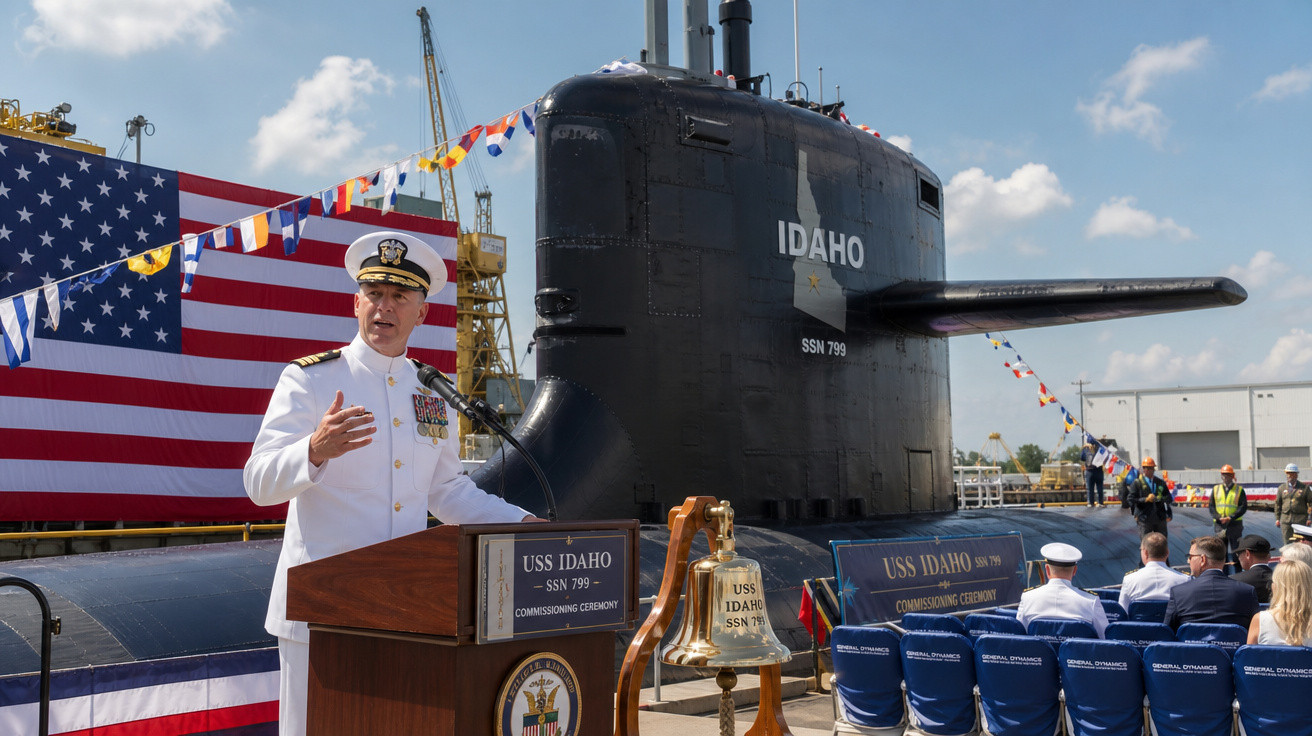 Cerimónia de comissão do submarino USS Idaho com oficial a discursar junto ao mastro e bandeira dos EUA.