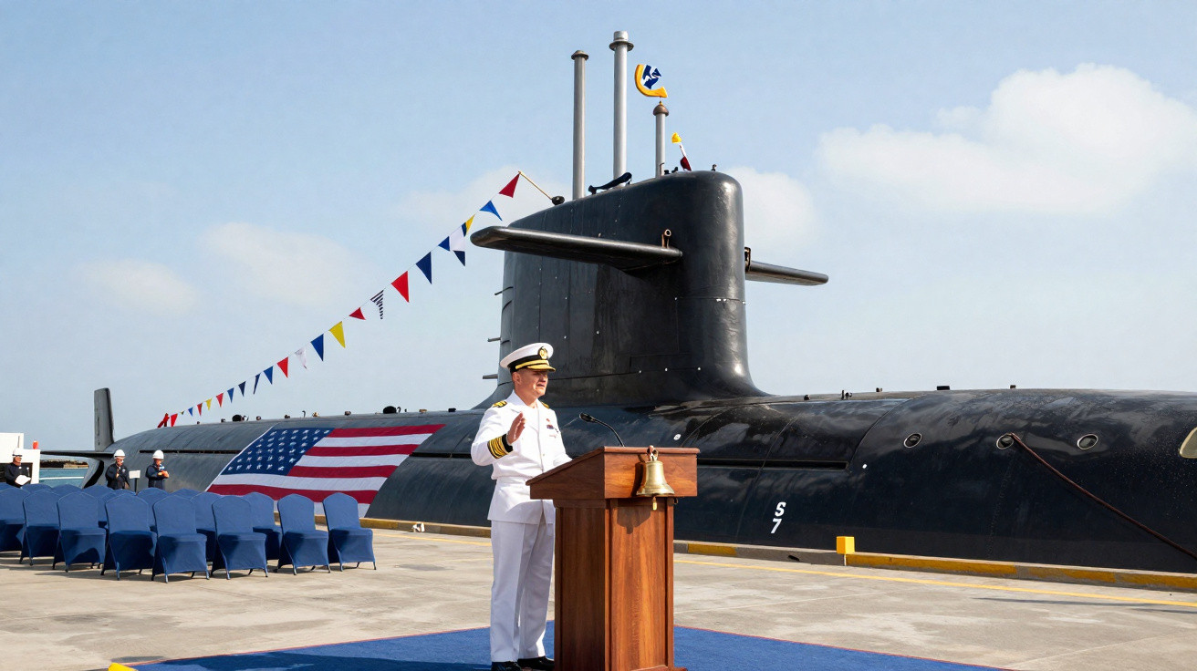 Oficial da marinha em farda branca a discursar junto a um submarino negro decorado com bandeiras coloridas.