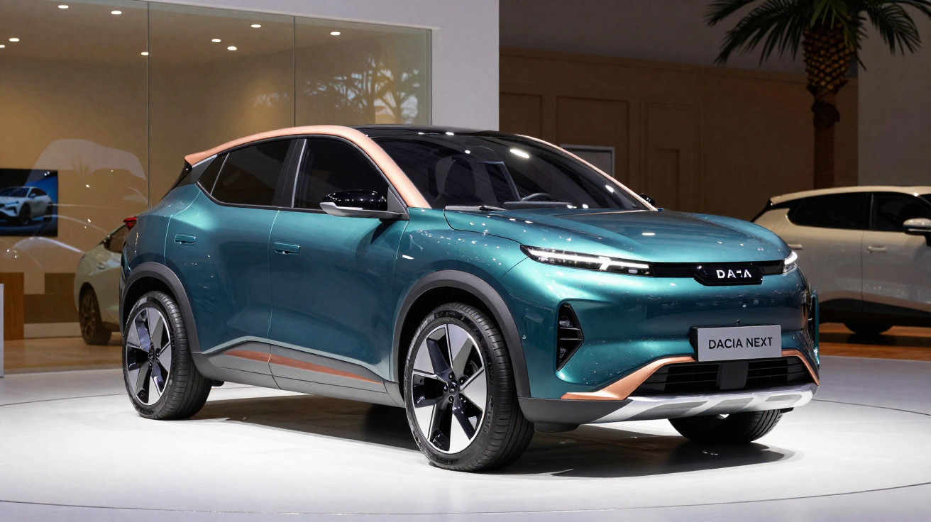 Carro elétrico Dacia Next verde com detalhes cor de cobre em exposição num salão automóvel moderno.