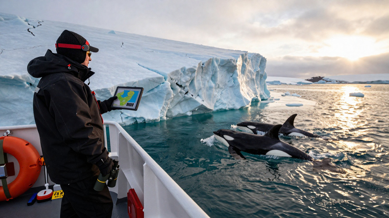 Pessoa a observar orcas no mar perto de um icebergue a partir de um barco, ao pôr do sol.