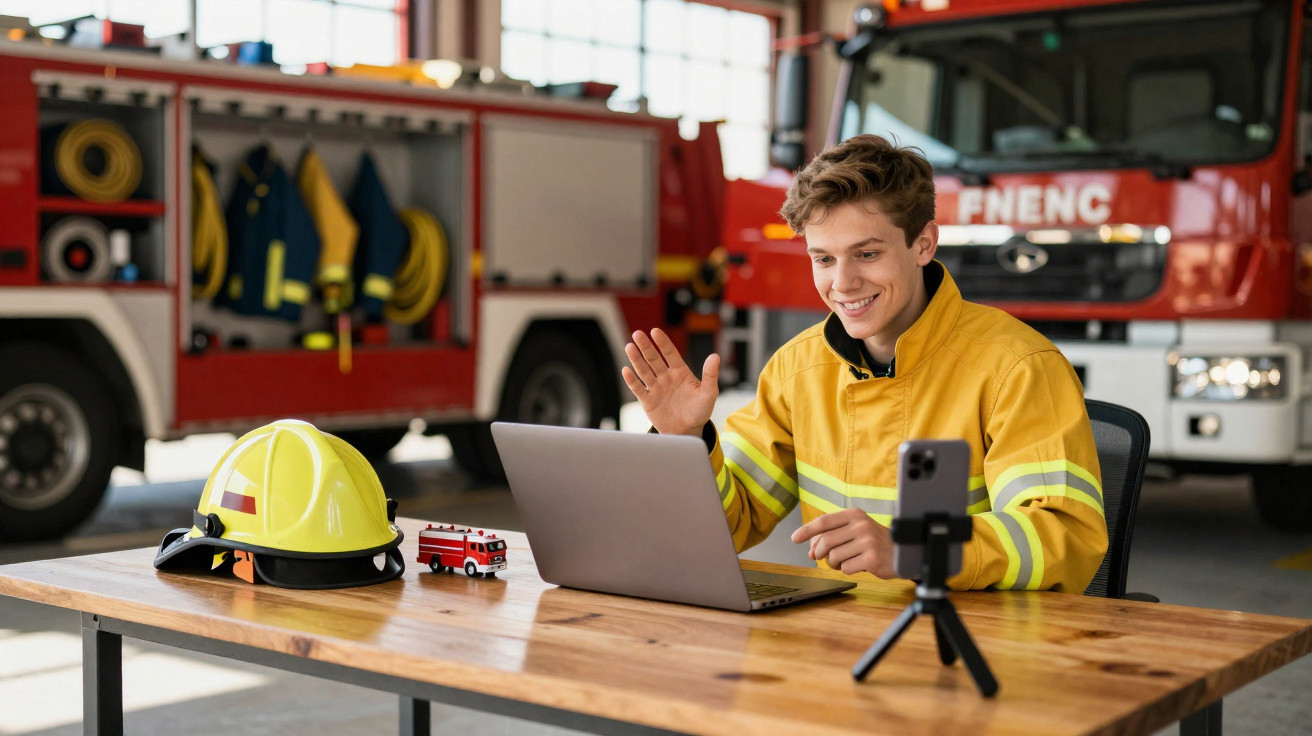 Jovem bombeiro com fato amarelo sorri em videochamada em escritório no quartel dos bombeiros junto a capacete e miniatura.